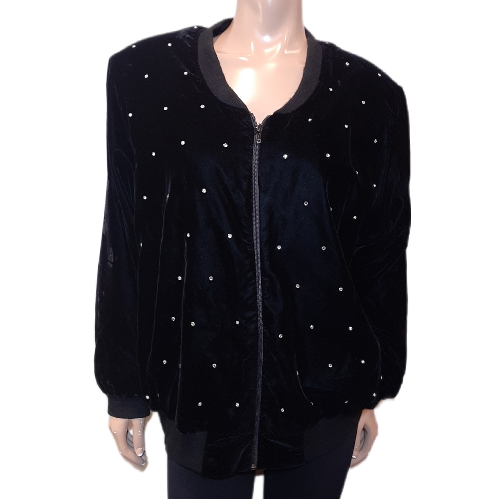 Vintage 80s Velvet Bomber Jacket Rhinestone Embellished Zip Front Velour Bling